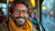 A man in nice glasses and a yellow scarf rides a bus or tram and smiles. Public transport. generative ai