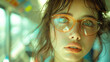 © MoreThanProd - A woman in beautiful glasses rides dreamily on a bus or tram and smiles. Public transport. generative ai