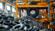 An upclose view of a tire recycling factory with piles of old tires being transformed into new usable materials with the help of advanced machinery and skilled workers.