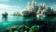 Embark on a surreal journey through a cityscape soaring above water, blending futuristic architecture with organic beauty. 🏙️🌊 Below, an underwater world teems with vibrant marine life and ancient w