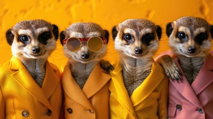 Wall Mural - Fashionable Meerkat Group for Birthday Party Invitation: Creative Animal Concept in Bright Outfits with Copy Space on Isolated Background