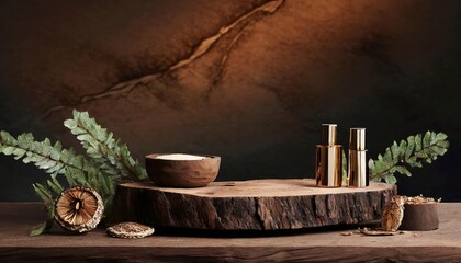 Wall Mural - Rustic wood podium display for food, perfume, jewellery and cosmetic products on dark