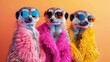 Fashionable Meerkat Group for Birthday Party Invitation: Creative Animal Concept in Bright Outfits with Copy Space on Isolated Background