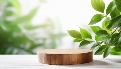 Wall Mural - Wooden product display podium with blurred nature leaves background.