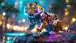  Robotic tiger , sitting on a metallic rock,