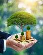 A businessman holding a coin with a tree that grows