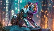  Robotic tiger , sitting on a metallic rock,