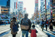Japanese family commuting against vibrant cityscape