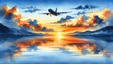 Fototapeta  - Watercolor Painting Silhouette of a Flying Airplane