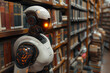 Futuristic robot standing in a library