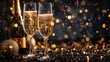 Sparkling Toasts for Festive Occasions: Luxury Celebration of Birthdays, New Year's Eve, and Holidays with Champagne Glasses and Bottles on a Night Background