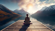 Calm evening meditation scene of a young woman is meditating while sitting on wooden pier outdoors with beautiful lake and mountains nature. wellness soul concept before sunset