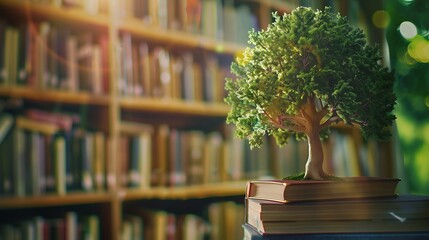 Fototapete - Wooden tree with books on blur background of library with bookshelf Flawless : Generative AI