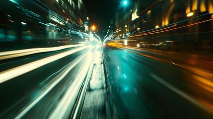 Aufkleber - Night city street abstract background Urban illumination of modern buildings Futuristic effect of light trails from camera zooming motion : Generative AI