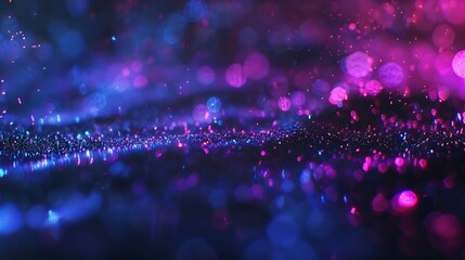 Aufkleber - Blur neon light Lens flare overlay Bokeh fluorescent flash gleam Defocused blue purple color flecks on dark black abstract background : Generative AI