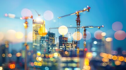 abstract blurred sky night city building of downtown construction with circle round light background with lens flare effect : Generative AI