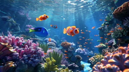 Animated 3D underwater scene with 2D cartoon fish swimming among coral