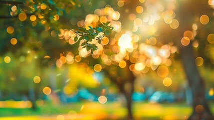 Aufkleber - Abstract blurred green tree city park sunset light nature background : Generative AI