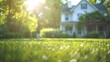 © Generative AI - Blurred view of beautiful house with green lawn on sunny day : Generative AI