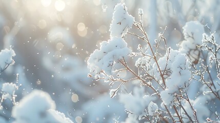 Aufkleber - Snowcovered plants in winter forest during snowfall Macro image shallow depth of field Winter nature background : Generative AI