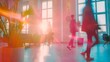 motion blur of energetic and ambitious business people walking near meeting room in coworking environment of modern office with high tech interior full length dynamic business concept : Generative AI