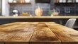 Selective focus on wooden kitchen island empty dining table with copy space for display products clean countertop for cooking healthy food against blurred furniture with grey facade in : Generative AI