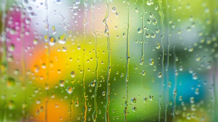  Closeup through window of rainy day with water dripping down glass against blurred colorful background : Generative AI