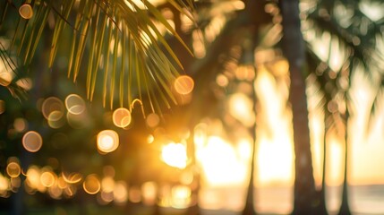 Aufkleber - Blur nature bokeh green park by beach and tropical coconut trees in sunset time : Generative AI