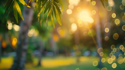 Aufkleber - Blur nature bokeh green park by beach and tropical coconut trees in sunset time : Generative AI