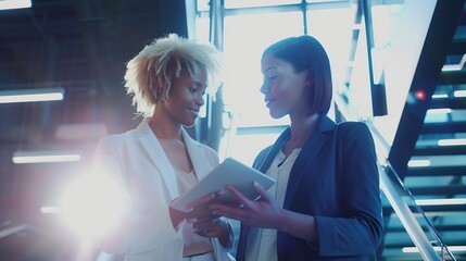 Poster - Two Female Business Colleagues With Digital Tablet Having Informal Meeting By Stairs In Busy Office : Generative AI