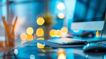 Aufkleber - Businessmen blur in the workplace or table top and Office of table work in office with computer or shallow depth of focus of abstract background : Generative AI