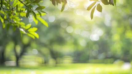 Aufkleber - Blurred nature green tree in a park background natural trees and lawn with walkway in outdoor garden with light bokeh from sunlight and sky Abstract blur nature landscape green environ : Generative AI