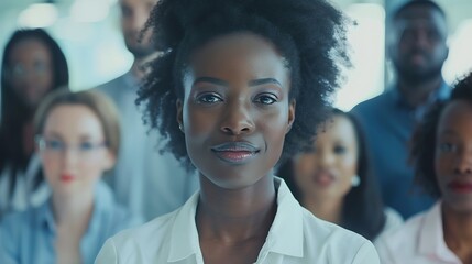 Young African businesswoman portrait poses confidently with diverse coworkers in busy meeting room in motion blurred background Multicultural team works together for business success C : Generative AI