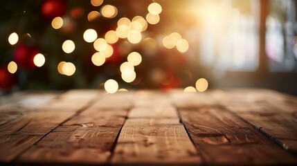 Poster - The empty wooden brown table top with blur background of home room in winter Exuberant image : Generative AI