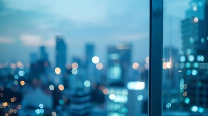 Poster - Blurry focus city hotel corporate building in blue morning business background Cityscape skyline light outside office window grey sky view Day bokeh winter bank company blur backdrop o : Generative AI