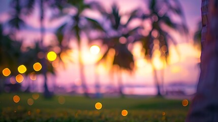 Aufkleber - Blur nature bokeh green park by beach and tropical coconut trees in sunset time : Generative AI