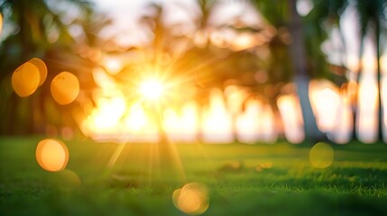 Aufkleber - Blur nature bokeh green park by beach and tropical coconut trees in sunset time : Generative AI