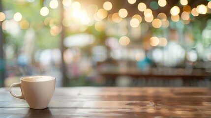 Poster - Blur coffee shop or cafe restaurant with abstract bokeh light background For create montage product display : Generative AI