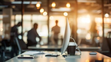 Leinwandbilder - Businessmen blur in the workplace or work space of table work in office with computer or shallow depth of focus of abstract background : Generative AI