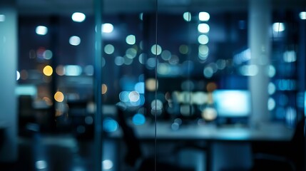 Fototapete - DARK BLURRED OFFICE BACKGROUND NIGHT ILLUMINATED INTERIOR ROOM BRIGHT DESIGN : Generative AI