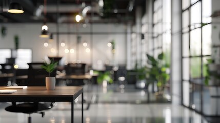 Aufkleber - Blurred interior of modern office workplace a workspace design without partition decorate with black white and wooden furniture Nice environment can create work productivity relax mood : Generative AI