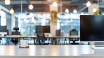Fototapete - Modern business office without people with blurred bokeh background tables chairs computers copy space High quality photo : Generative AI