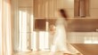 © Generative AI - Stylish kitchen interior of modern apartment with motion blurred female person walking inside Interior made in white and beige tones with wooden kitchen front and floor : Generative AI
