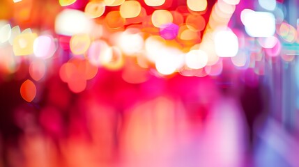 Aufkleber - Defocused street light photo blurry road building car and people with colourful bokeh light are red white pink and orange : Generative AI