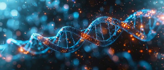 Quantum computing in genetics, abstract DNA helix, digital revolution background