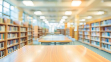 Fototapete - Abstract blurred empty college library interior space Blurry classroom with bookshelves by defocused effect use for background or backdrop in book shop business or education resources  : Generative AI