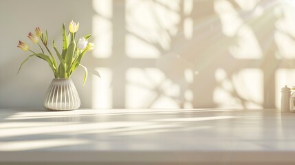 Aufkleber - Table background of free space and kitchen interiorWhite wall with shadows and sunny warm morning timeCopy space for your composition Easter table with spring flowers in a sunny April  : Generative AI