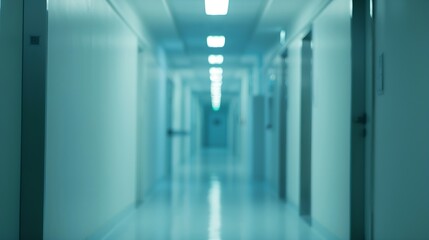 Poster - Bright empty defocused hospital corridor background with copy space : Generative AI