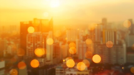 Poster - Summer sun blur golden hour hot sunset sky with city rooftop view background cityscape office building landscape blurry urban warm bright heat wave lights skyline heatwave bokeh for ev : Generative AI