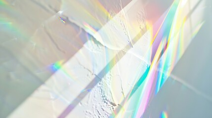 Poster - Blurred rainbow light refraction texture overlay effect for photo and mockups Organic drop diagonal holographic flare on a white wall Shadows for natural light effects : Generative AI
